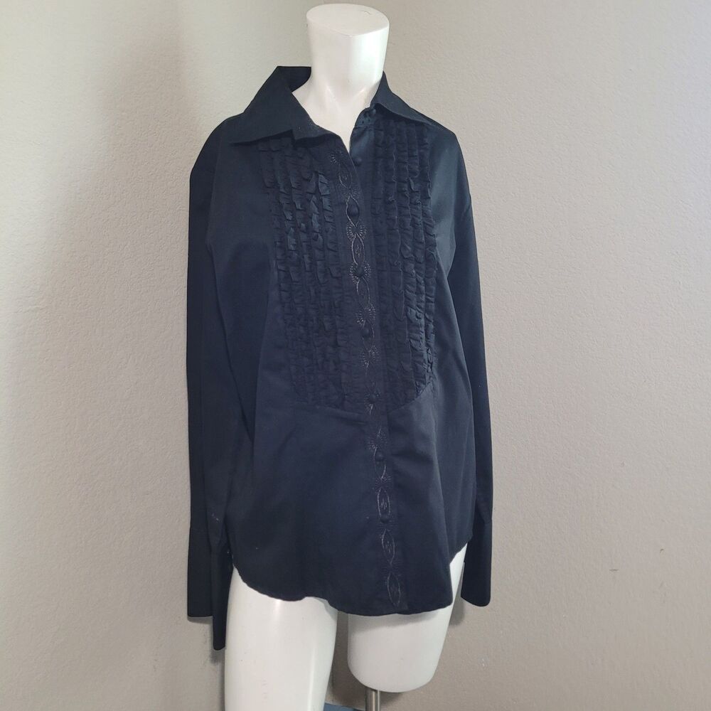 Robert Graham XL button front blouse top pleated ruffle collar longsleeve